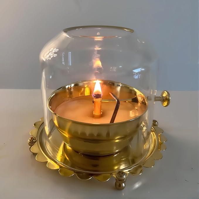 DIVINE Golden Brass Akhand Diya Oil Lamp with Rotating Wick